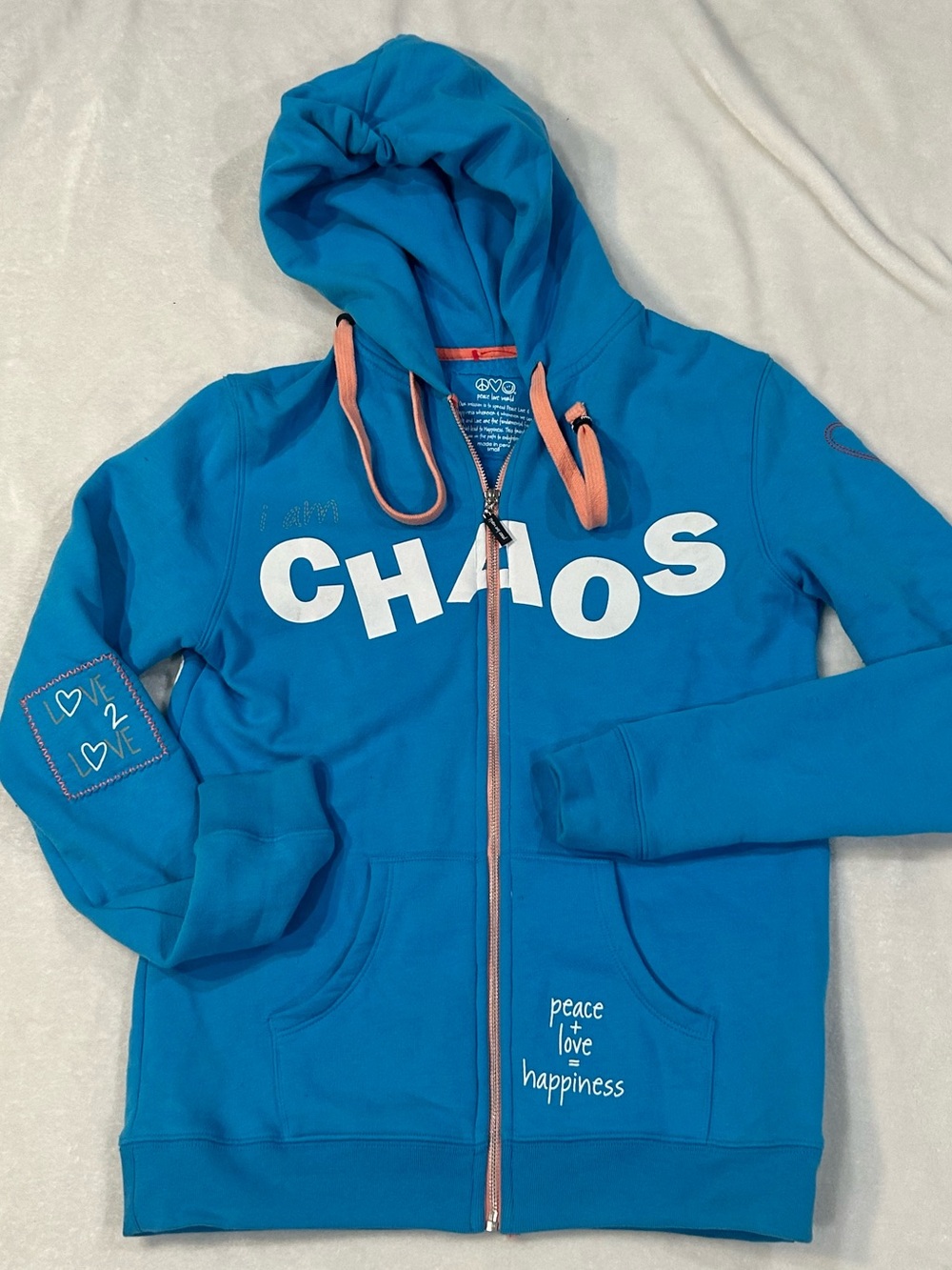 Peace Love World hoodie sweatshirt I Am Chaos blue women’s small oversized zipup